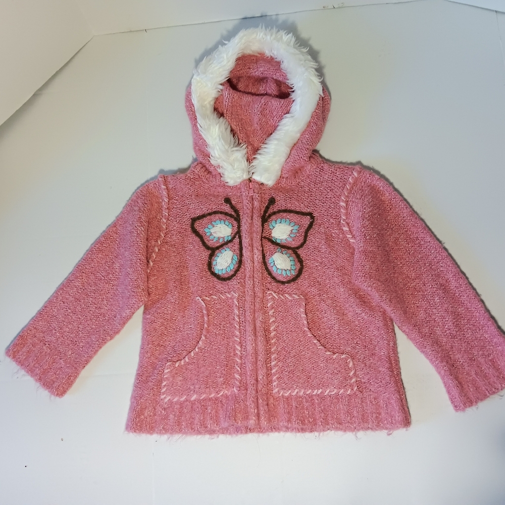 Girls' Pink Knit Winter Jacket with Butterfly Design Size 2T